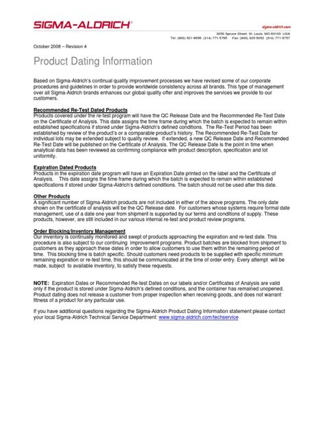 sigma aldrich product dating information